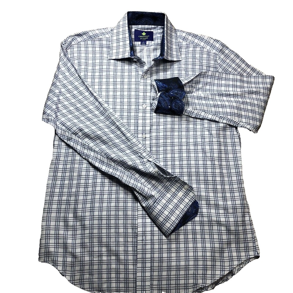 Christian Aujard Shirt Mens Large Blue Check Long Sleeve‎ Button Flip Cuff